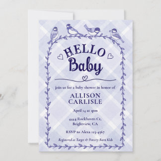 Invitation 005 Iris Aquarelle Gingham Oiseaux Baby Shower