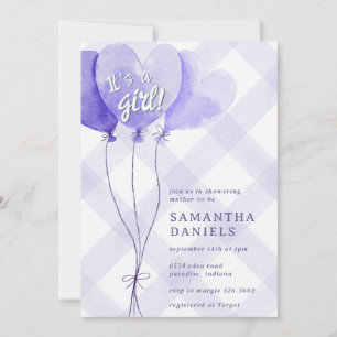 Invitation 005 Iris Cœur Violet Ballon Gingham Baby Shower