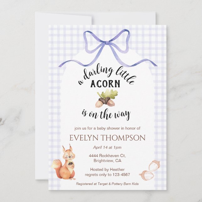 Invitation 005 Iris Cute Squirrel Acorn Gingham Baby Shower (Devant)