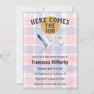 Invitation 008 Blush Aquarelle Carreaux Cigogne Baby Shower B