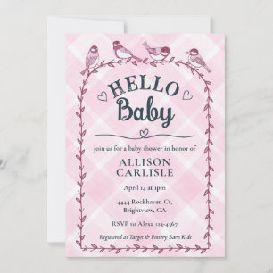 Invitation 009 Fuchsia Aquarelle Gingham Oiseaux Baby Shower