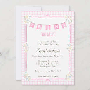 Invitation 009 Gingham Floral Jumeaux Rose Fuchsia Fête Préna