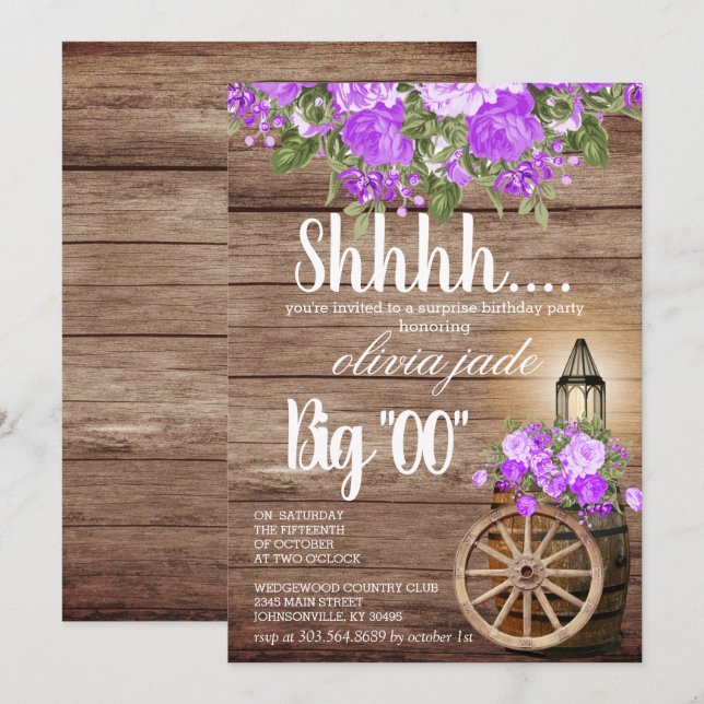 Invitation 00e anniversaire - Baril de bois et fleurs pourpre (Devant / Derrière)