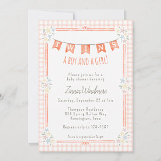 Invitation 011 Jumeaux Floral Gingham Terre Cuite Baby Shower