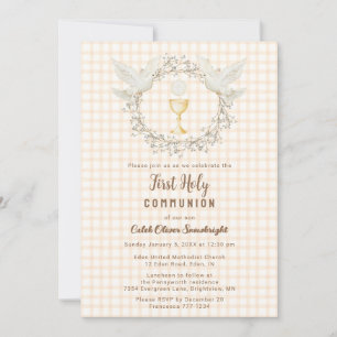 Invitation 012 Cuivre Colombe & Calice Gingham 1ère Communion