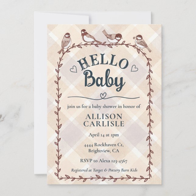 Invitation 013 Gingham Oiseaux Aquarelle Fête de Bébé (Devant)