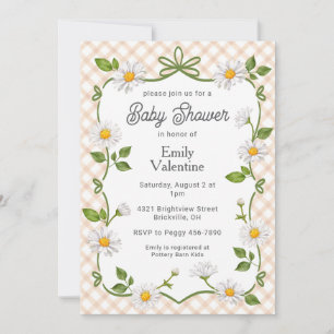 Invitation 014 Brun Latte Floral Plaid Fleurs Bébé Shower