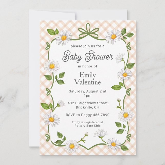 Invitation 014 Latte Brown Floral Daisy Plaid Baby Shower (Devant)