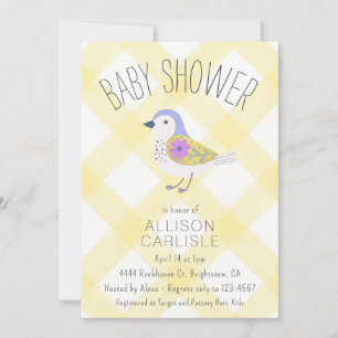 Invitation 015 Citron Mignon Fleur Oiseau Vichy Baby Shower