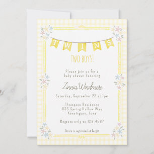 Invitation 015 Twins Fleur Jaune Citron Vichy Baby Shower
