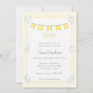 Invitation 015 Twins Fleur Jaune Citron Vichy Baby Shower