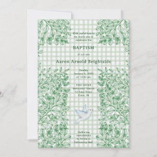 Invitation 019 Dove de la forêt Croix botanique Gingham Baptê