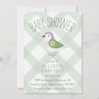 Invitation 019 Fête de bébé Fleurie Oiseau Gingham Douce