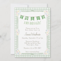 019 Vert forêt Gingham Floral Jumelles Baby Shower