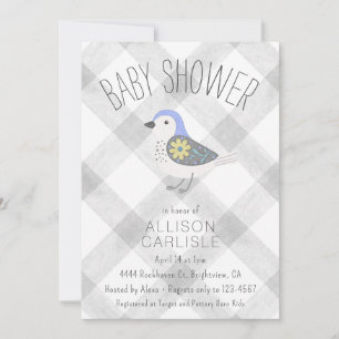 Invitation 020 Brouillard Gris Fleurs Mignon Oiseau Gingham B