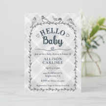 020 Fog Grey Watercolor Gingham Birds Baby Shower