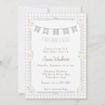 020 Gingham Gris Fumé Floral Jumelles Baby Shower