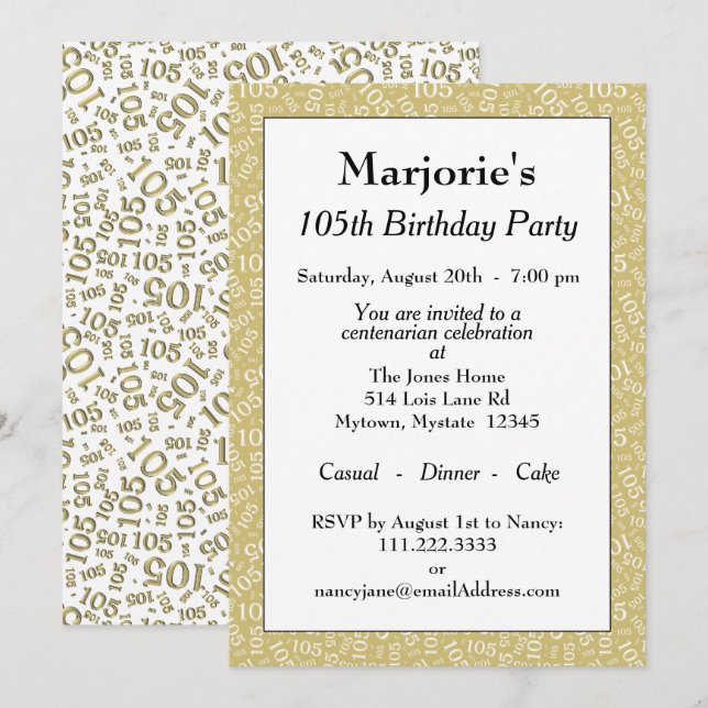 Invitation 05e anniversaire de la fête Gold/Motif de numéro b (Devant / Derrière)