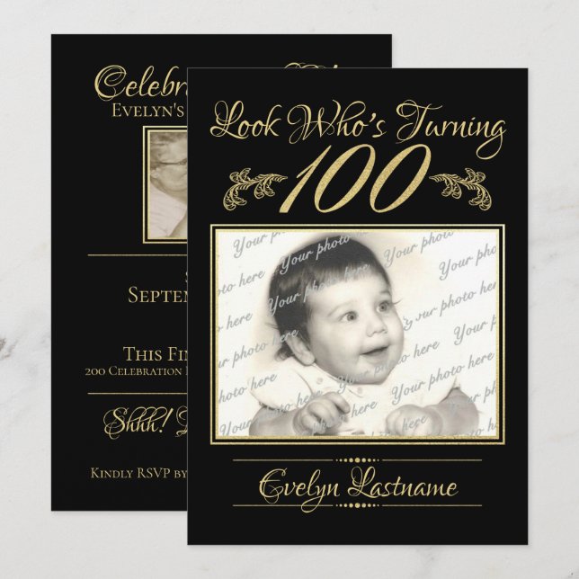 Invitation 100 Anniversaire Elegant Photo Or et Noir (Devant / Derrière)
