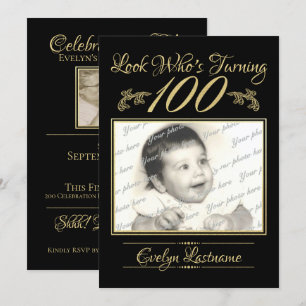 Invitation 100 Anniversaire Elegant Photo Or et Noir