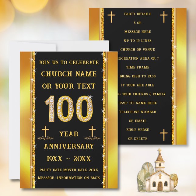 Invitation 100 ans de l'église Anniversaire, diamant ÉTONNANT (100 year church anniversary invitations. Black and Gold, 100th church anniversary. )