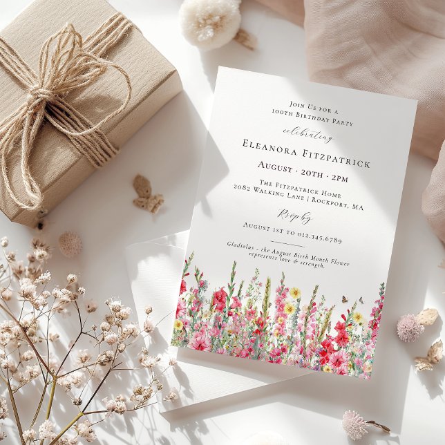 Invitation 100e anniversaire août Mois de naissance Fleur Gla (Créateur téléchargé)