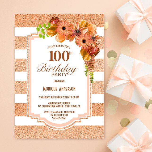 Invitation 100e anniversaire Apricot fêtes florales rayées (Créateur téléchargé)