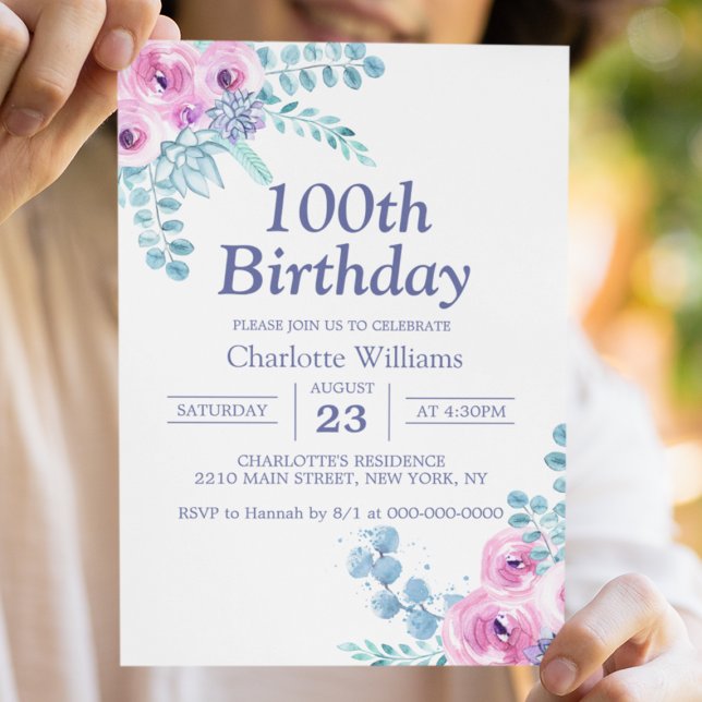 Invitation 100e anniversaire Aquarelle Florale pourpre 100 an (100th Birthday Watercolor Floral Purple 100 Years Invitation
)