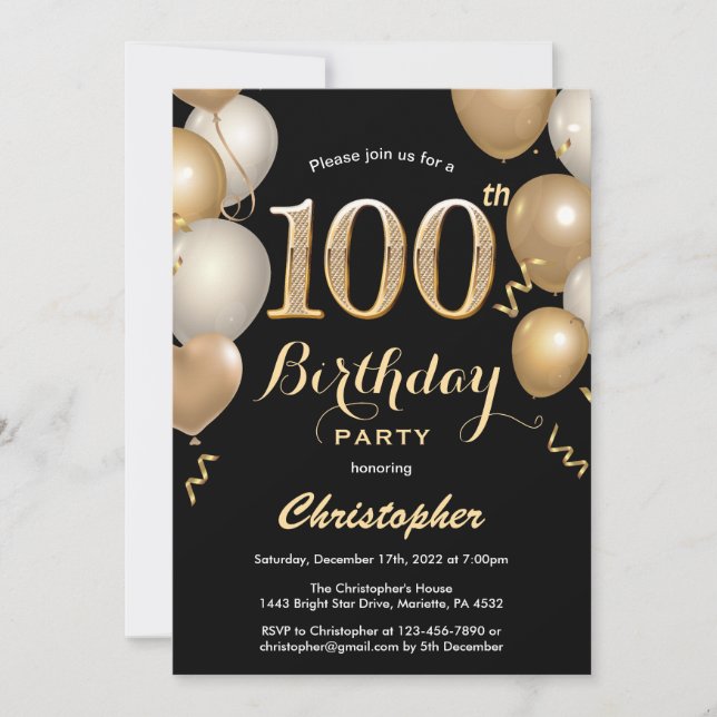 Invitation 100e anniversaire Ballons Noir et Or Confetti (Devant)