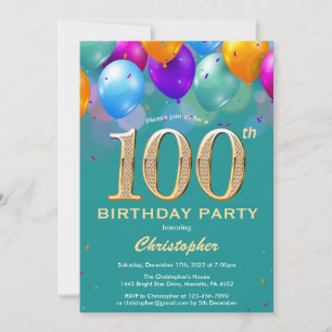 Invitation 100e anniversaire Ballons Turquoises et dorés