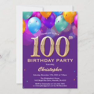 Invitation 100e anniversaire Ballons violets et dorés