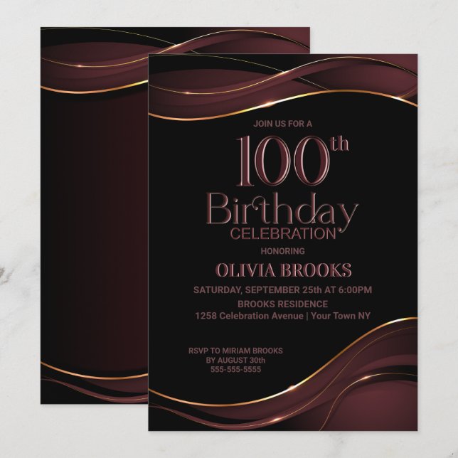 Invitation 100e anniversaire Black Dusty Pink Party (Devant / Derrière)