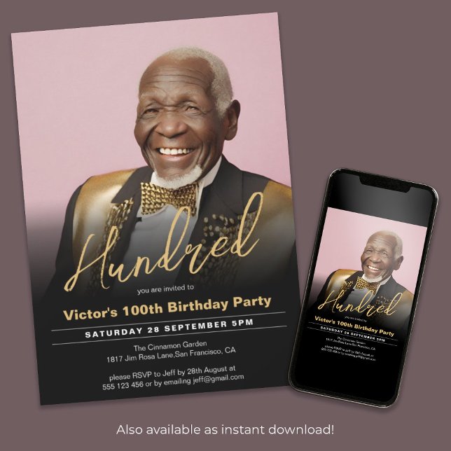 Invitation 100e anniversaire Black Gold Minimal photo moderne (100th Birthday Black Gold Minimal Modern Photo Invitation)