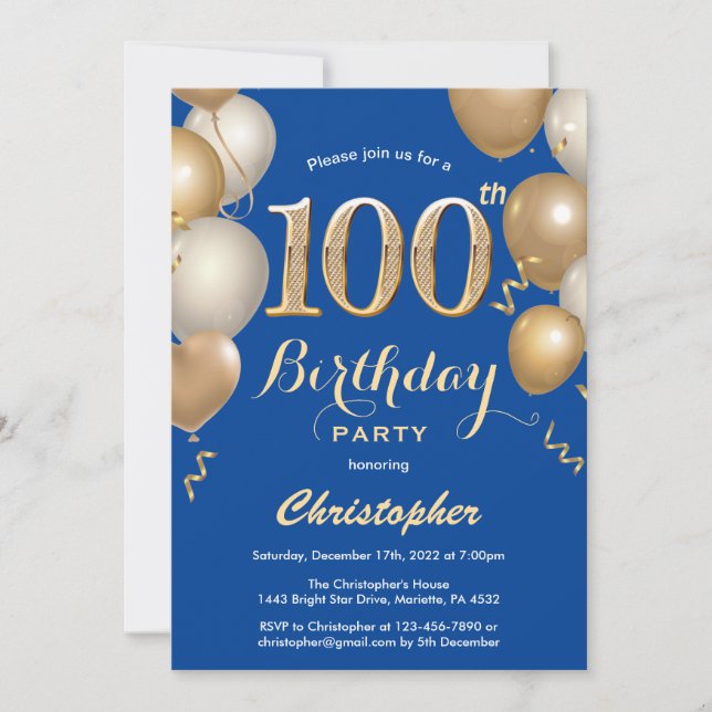 Invitation 100e Anniversaire Bleu et Ballons d'or Confetti (Devant)