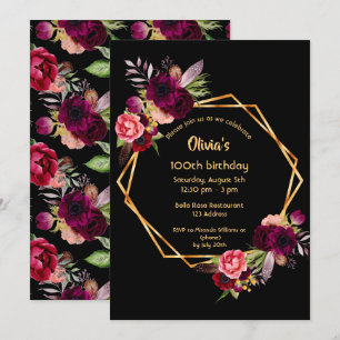 Invitation 100e anniversaire bordeaux floral géométrique noir