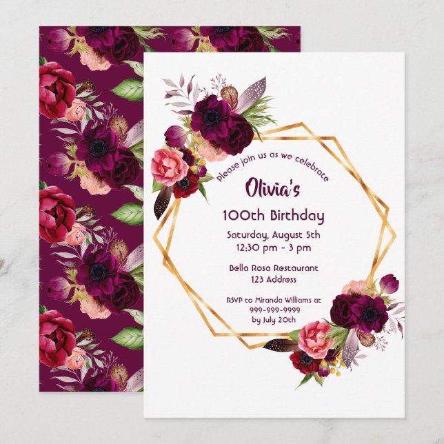 Invitation 100e anniversaire bouillon bordeaux or géométrique (Devant / Derrière)