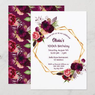 Invitation 100e anniversaire bouillon bordeaux or géométrique