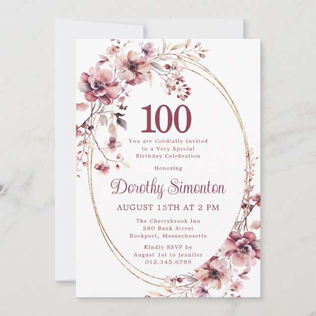 Invitation 100e anniversaire Bourgogne Blush Fleur sauvage ro (Devant)