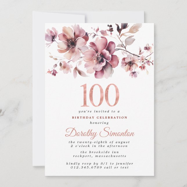 Invitation 100e anniversaire Bourgogne Dusty Blush rose flora (Devant)