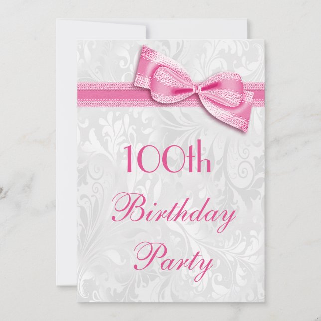 Invitation 100e anniversaire Damas et Pink Faux Bow (Devant)