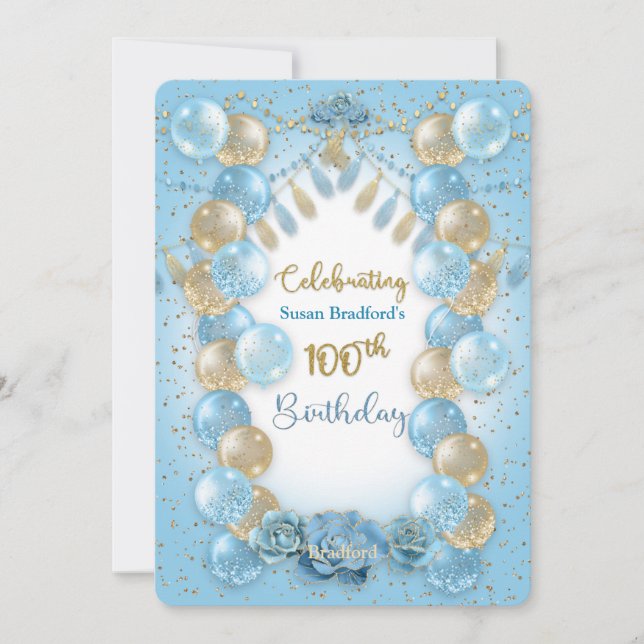Invitation 100e anniversaire Dames Blue Gold Balloons Design (Devant)