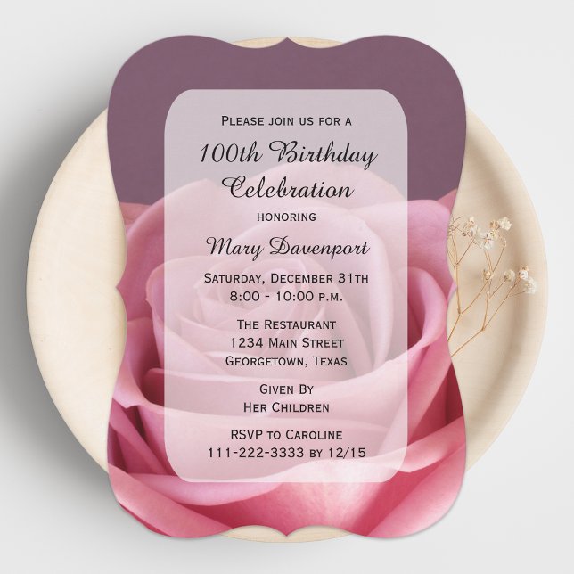 Invitation 100e anniversaire de fête Rose Beauté (Créateur téléchargé)