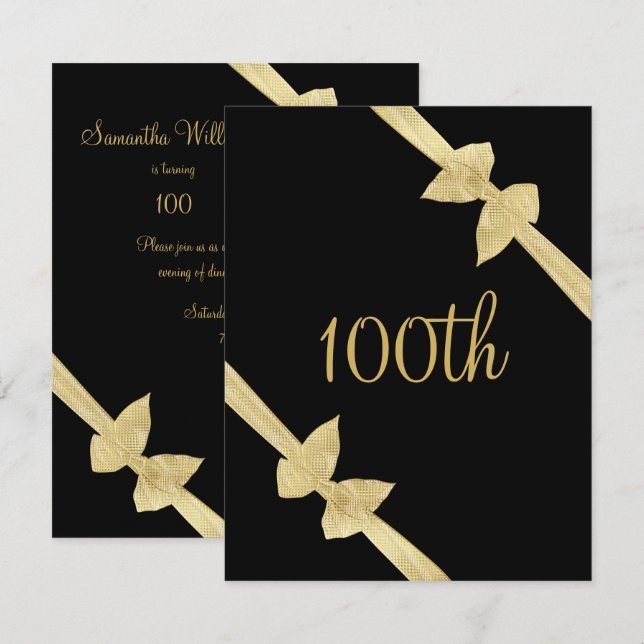 Invitation 100e anniversaire de l'Elégant Faux Gold Bows (Devant / Derrière)