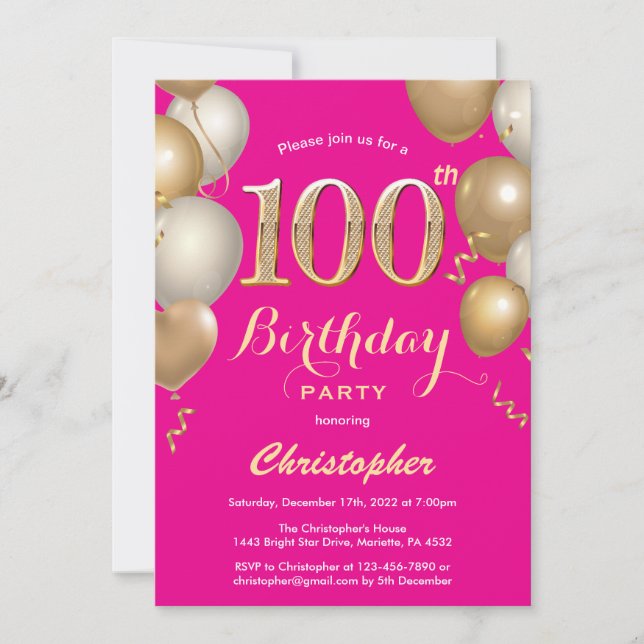 Invitation 100e Anniversaire Hot rose et or Balloons Confetti (Devant)