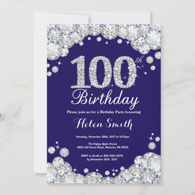 Invitation 100e anniversaire Marine Bleu Diamant d'argent (Devant)