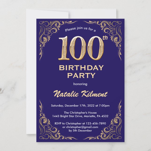 Invitation 100e anniversaire Marine Blue and Gold Parties sci (Devant)