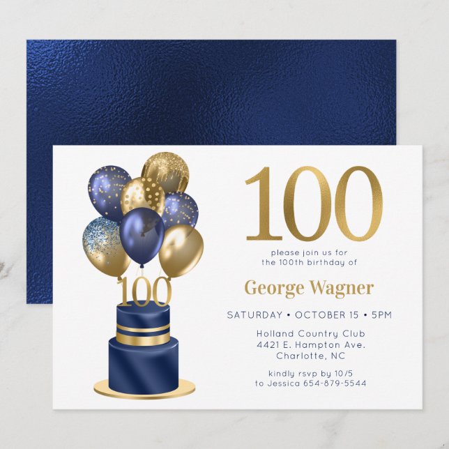 Invitation 100e anniversaire Marine Blue Balloon Cake (Devant / Derrière)