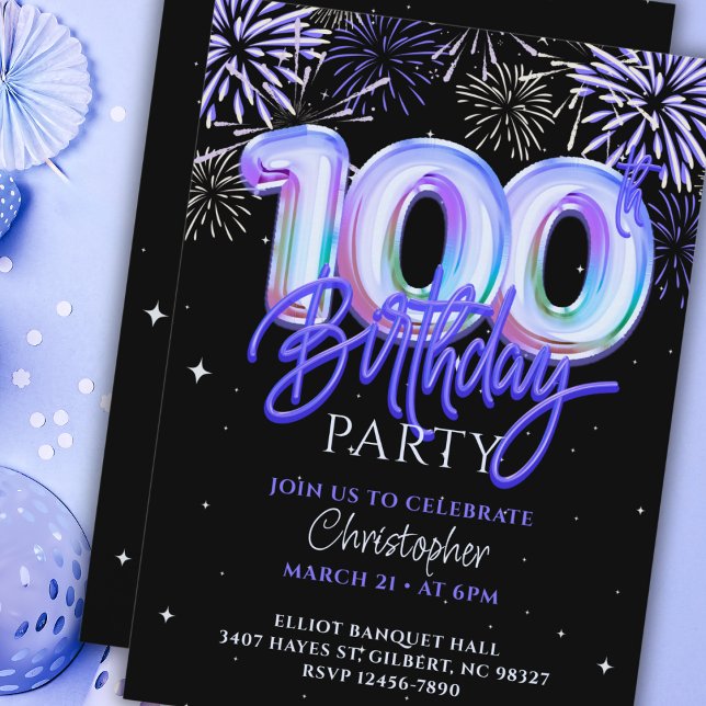 Invitation 100e anniversaire Mens Blue Fireworks Foil Balloon (Créateur téléchargé)
