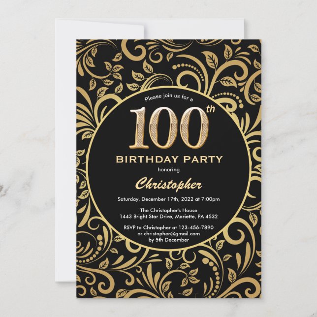 Invitation 100e anniversaire Modèle floral noir et or (Devant)