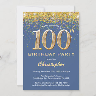 Invitation 100e anniversaire Parties scintillant bleue et or